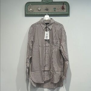 Active after coffe mocha white Casual Button Down Shirt Vertical Stripes large